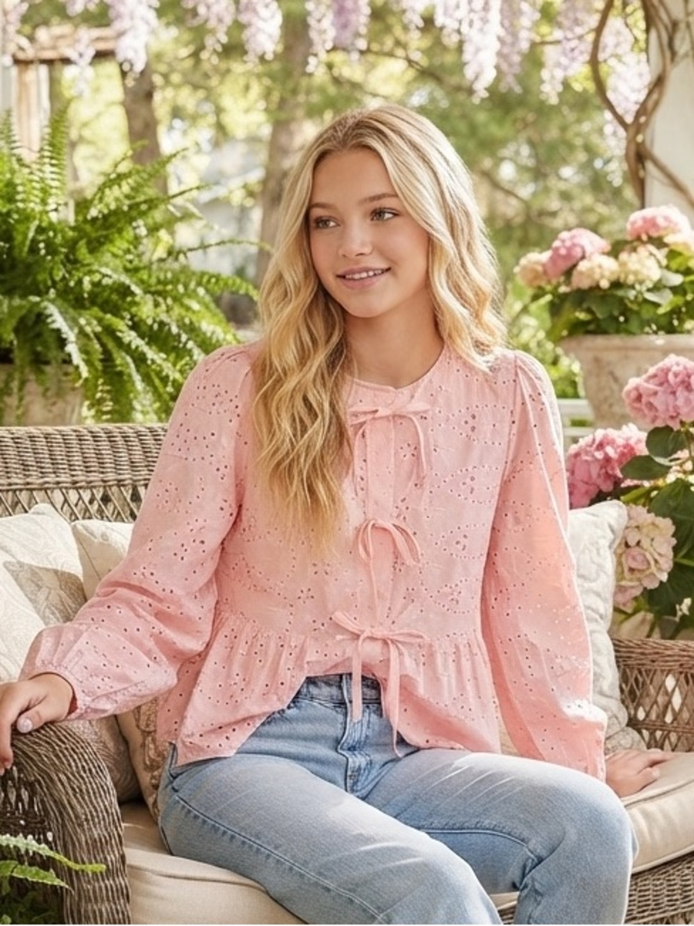 Eyelet Bows Pink Blouse 🎀